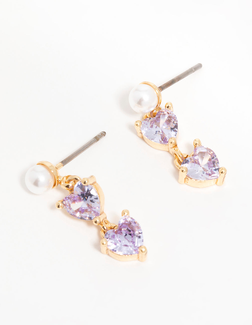 Gold Plated Purple Cubic Zirconia Pearl Dainty Heart Drop Earrings