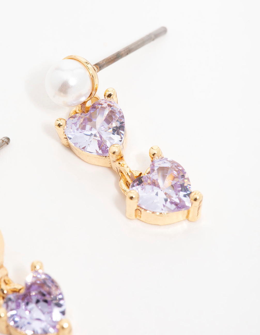 Gold Plated Purple Cubic Zirconia Pearl Dainty Heart Drop Earrings