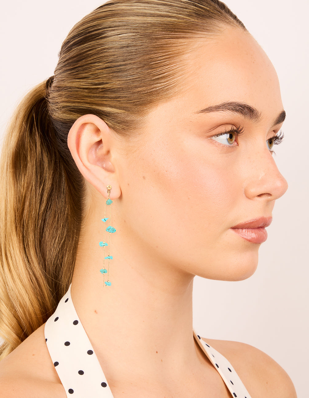 Gold Blue Semi Precious Stone Statement Chain Drop Earrings